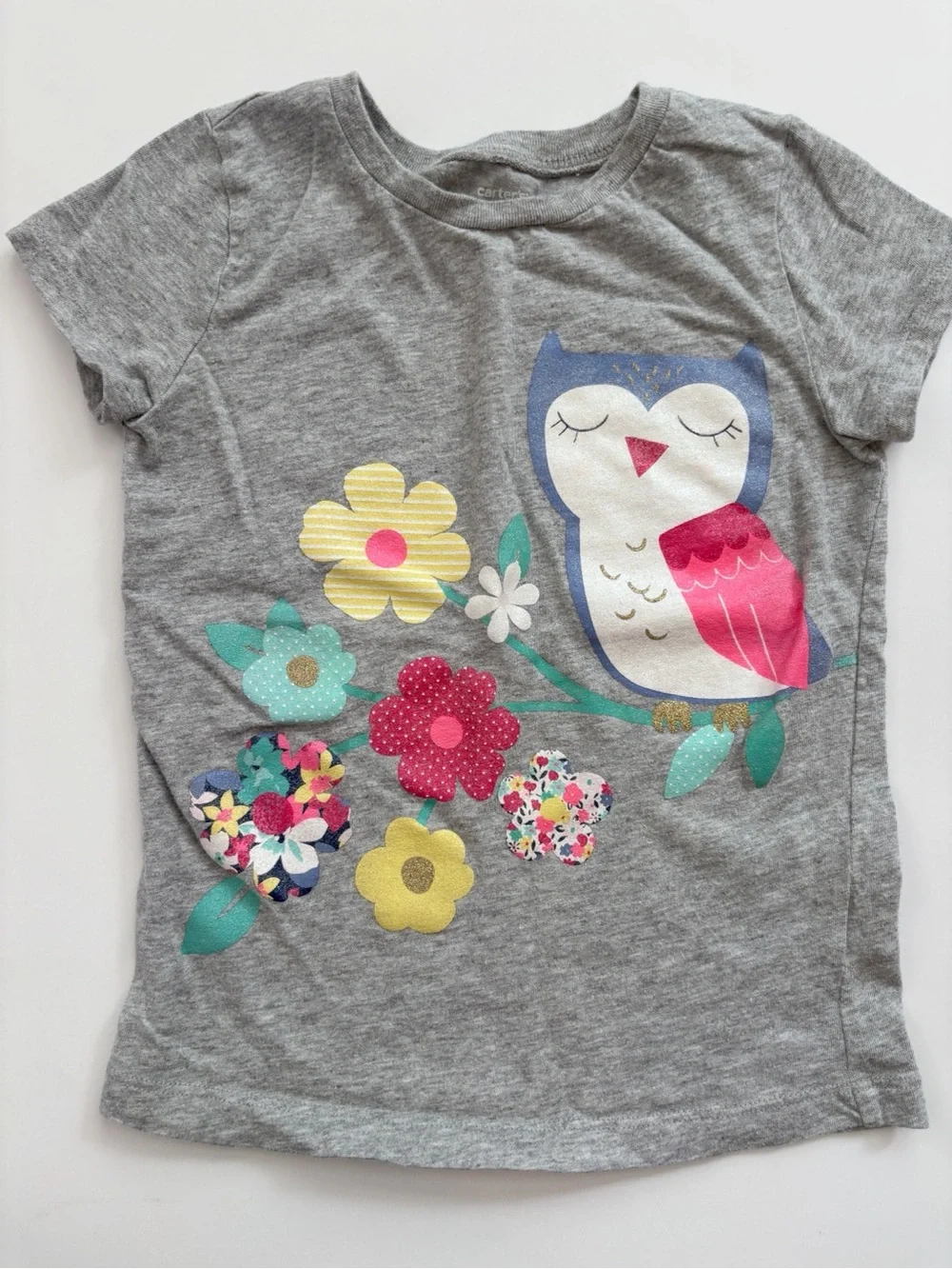 OshKosh B'gosh Gray Top with Blue Shorts - Owl Floral Graphic 5T